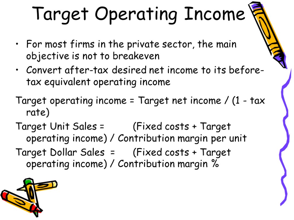 Target Operating Income For most firms in the private sector, the main objective is